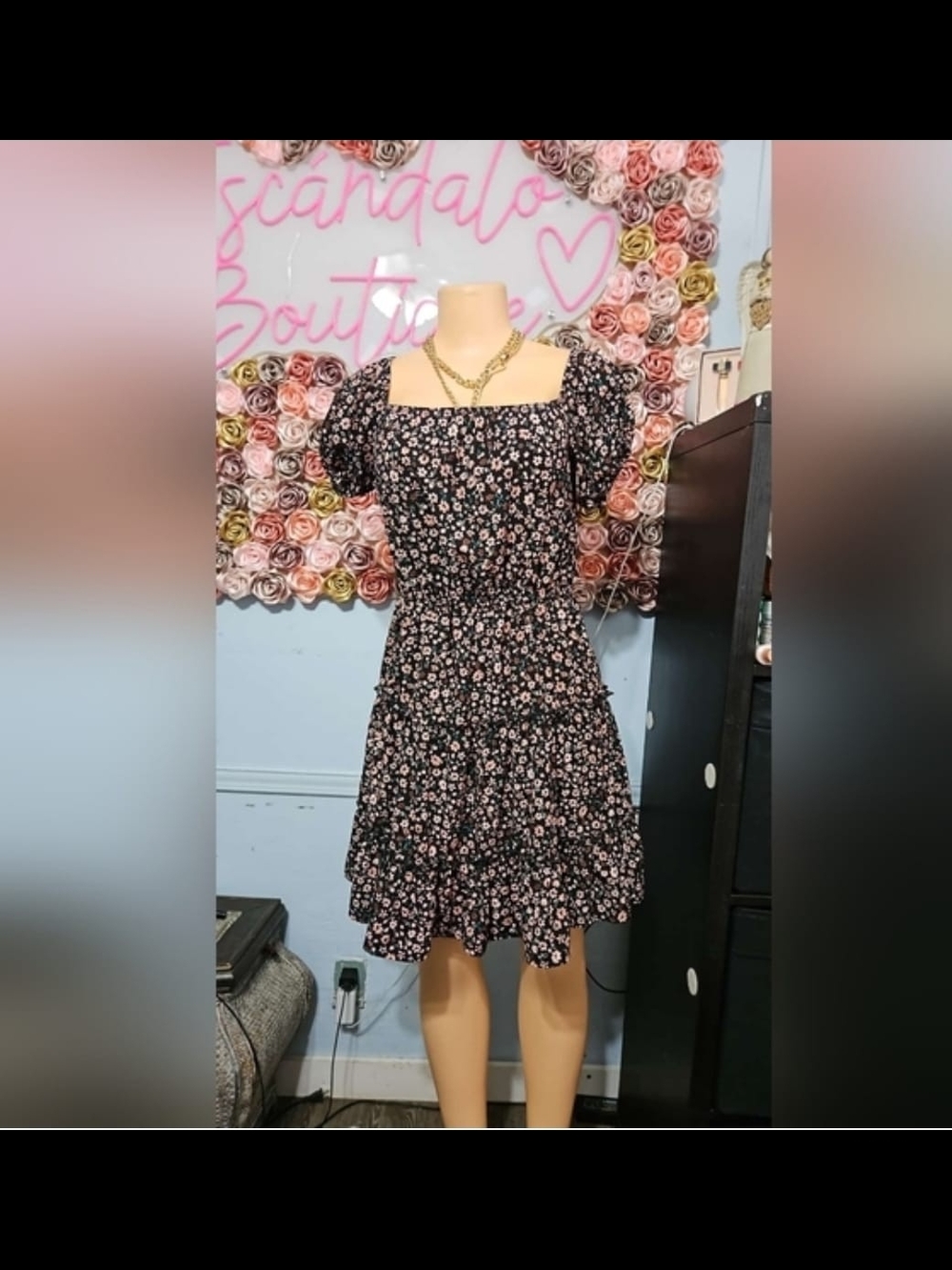 Black Floral Midi Dress with Square Neck and Puff Sleeves